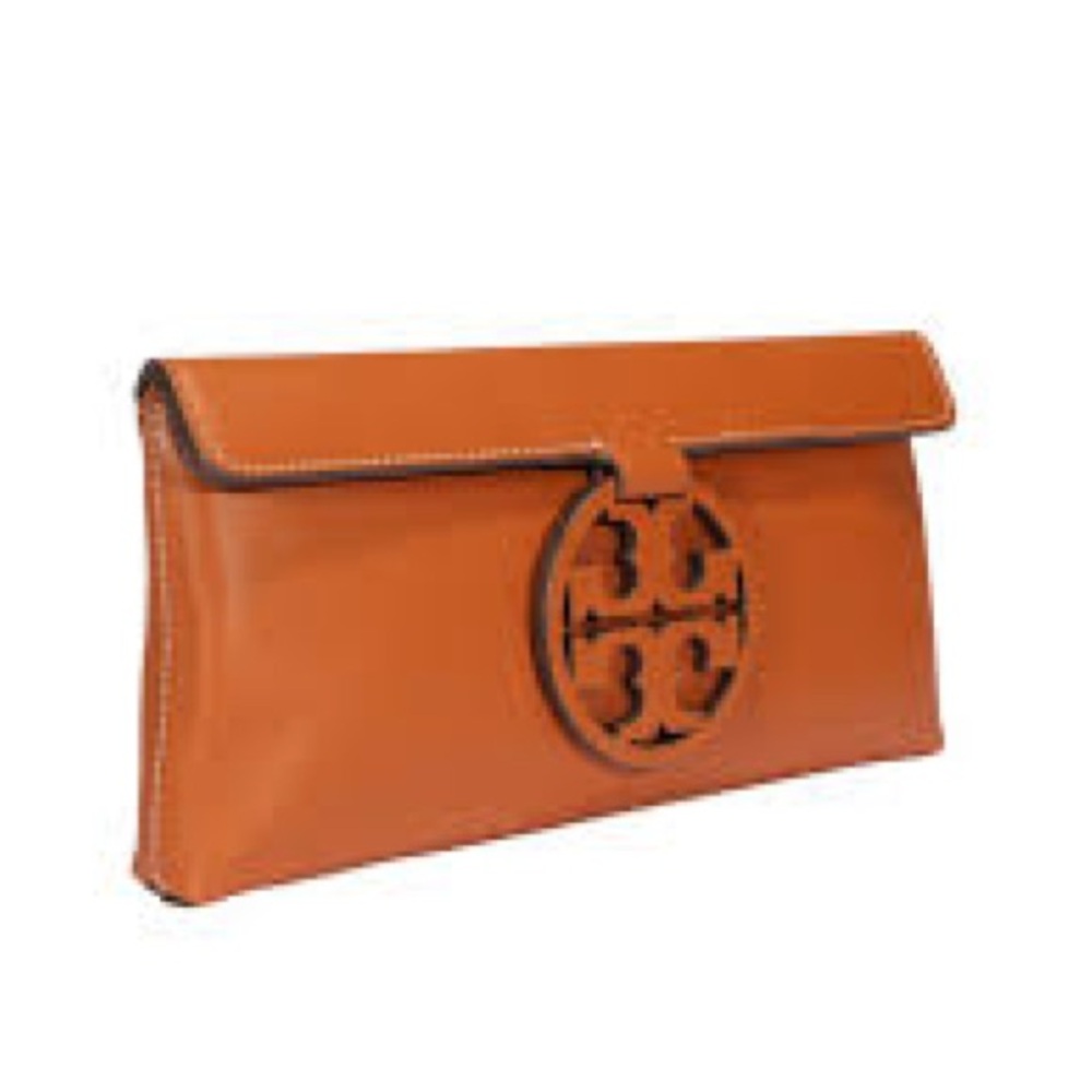 Tory Burch Brown Clutch with Logo Accent
